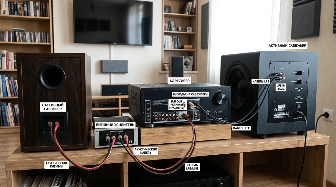 Подключение активного и пассивного сабвуфера