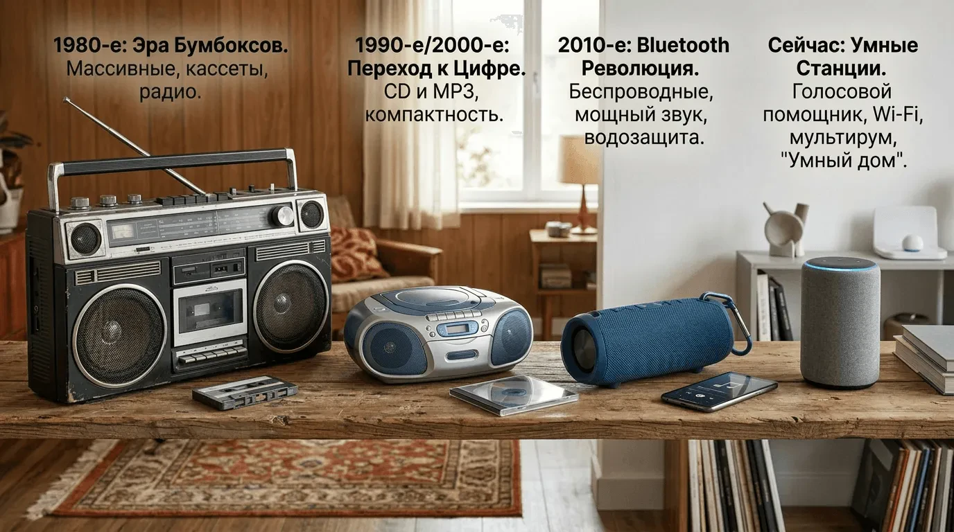 Эволюция портативных колонок: от первых бумбоксов до умных станций