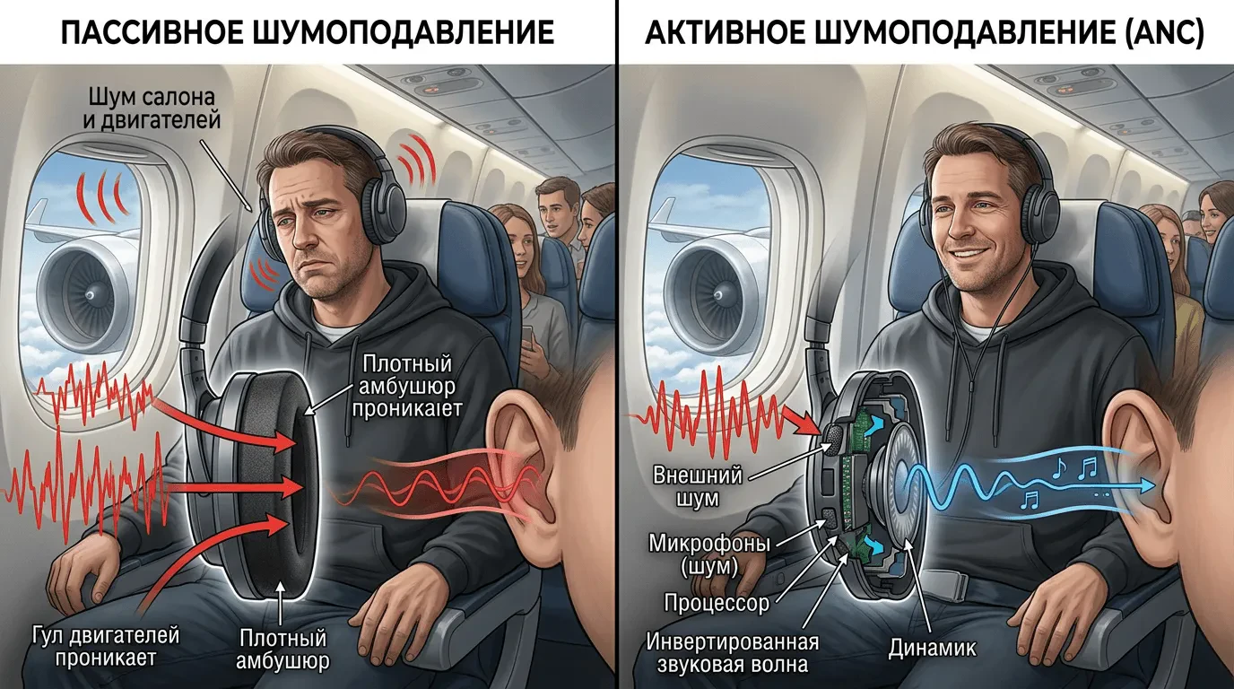 Как работает шумоподавление в наушниках: активное (ANC) и пассивное