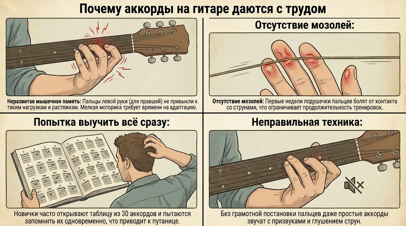Почему аккорды на гитаре даются с трудом