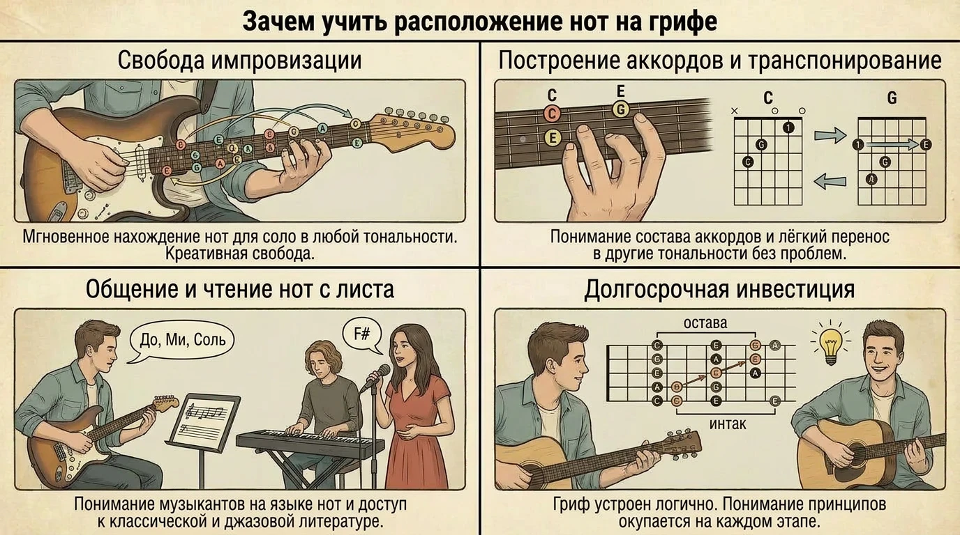 Зачем учить расположение нот на грифе гитары