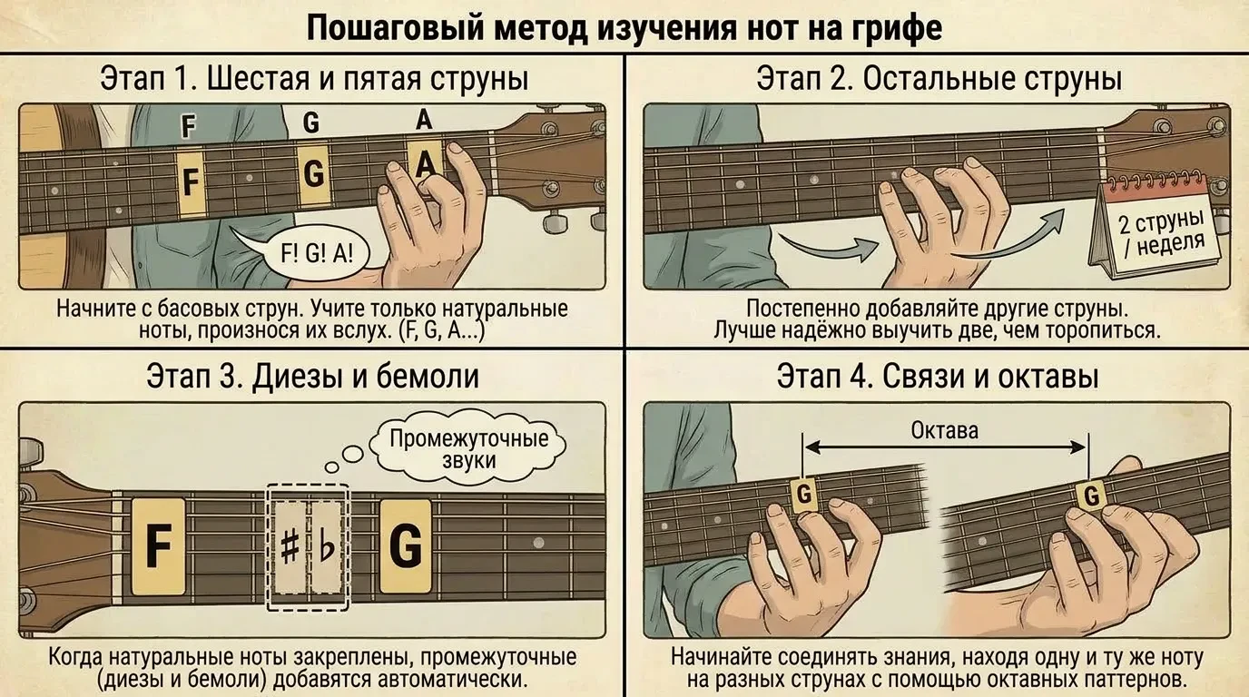 Пошаговый метод изучения нот на грифе