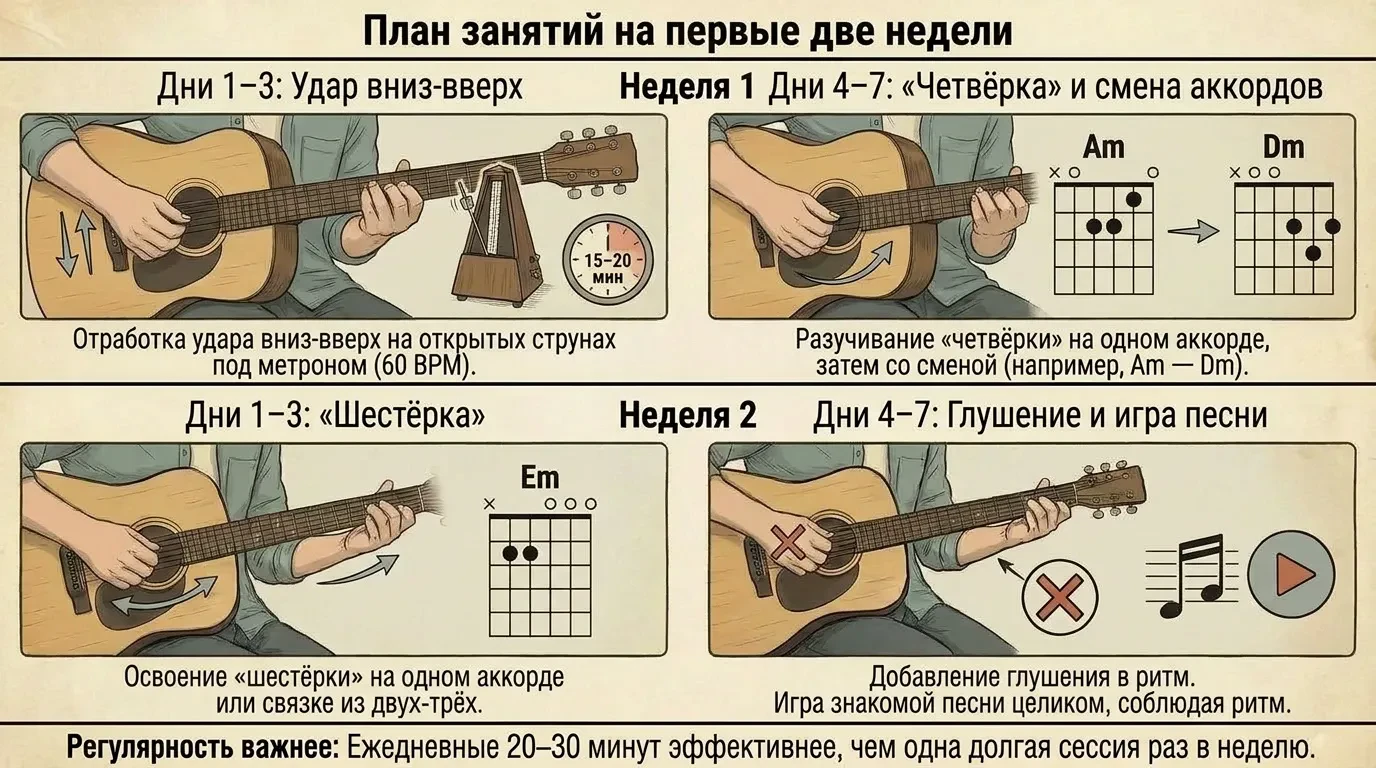 План занятий игры гитарным боем на первые две недели