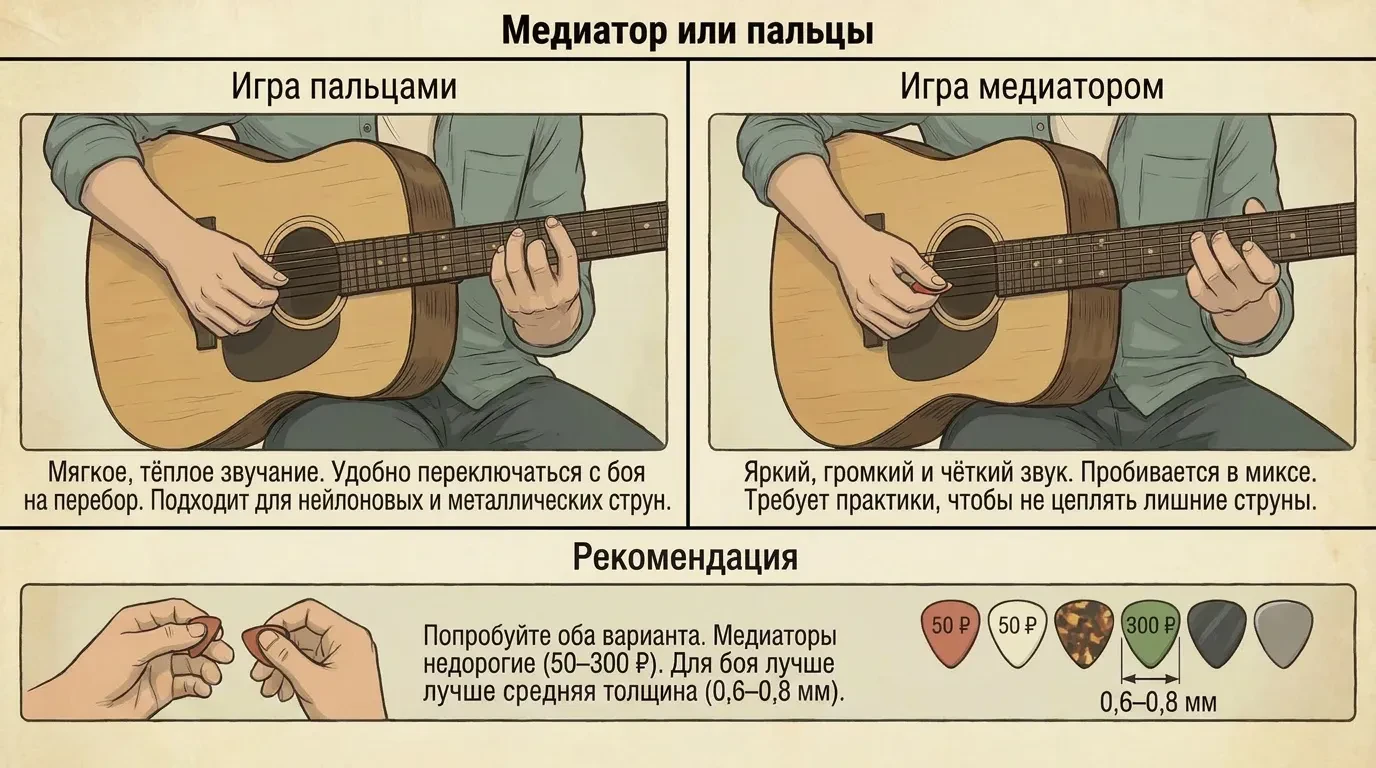 Медиатор или пальцы при игре боем на гитаре