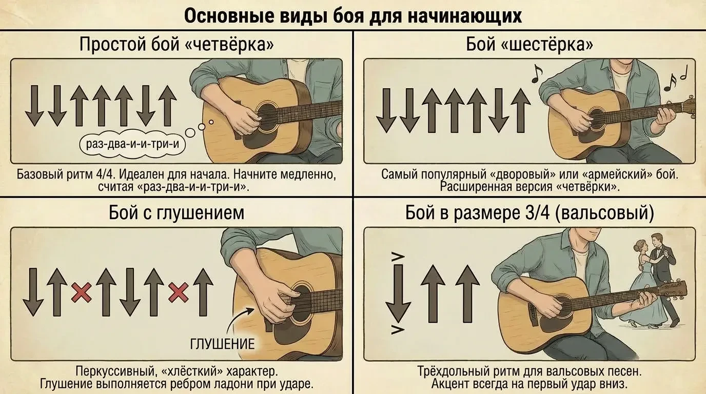 Основные виды гитарного боя для начинающих