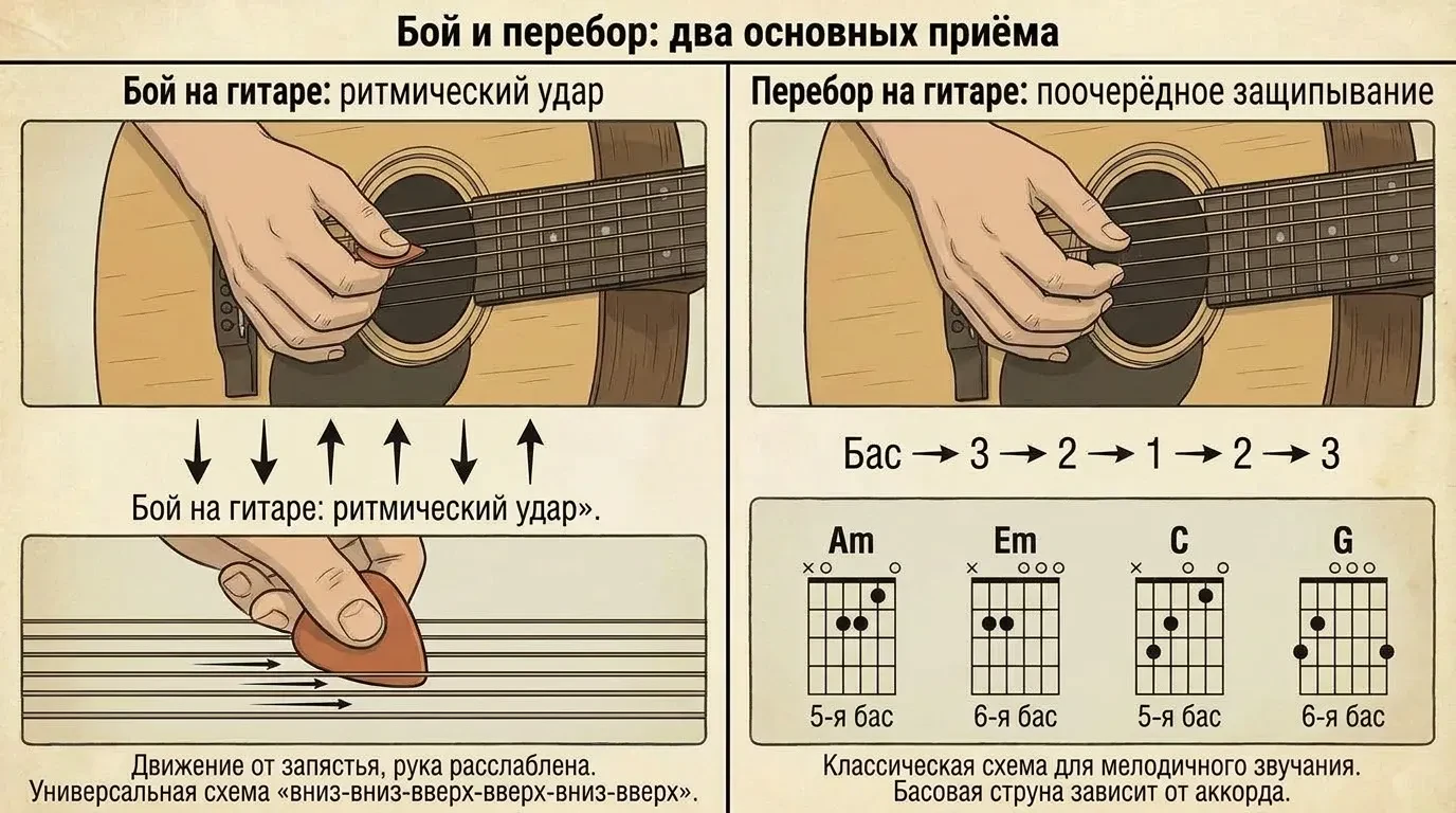 Бой и перебор: два основных приёма для обучения игре на гитаре Бой и перебор: два основных приёма для обучения игре на гитаре