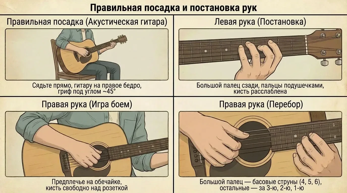 Правильная посадка и постановка рук при игре на гитаре Правильная посадка и постановка рук при игре на гитаре