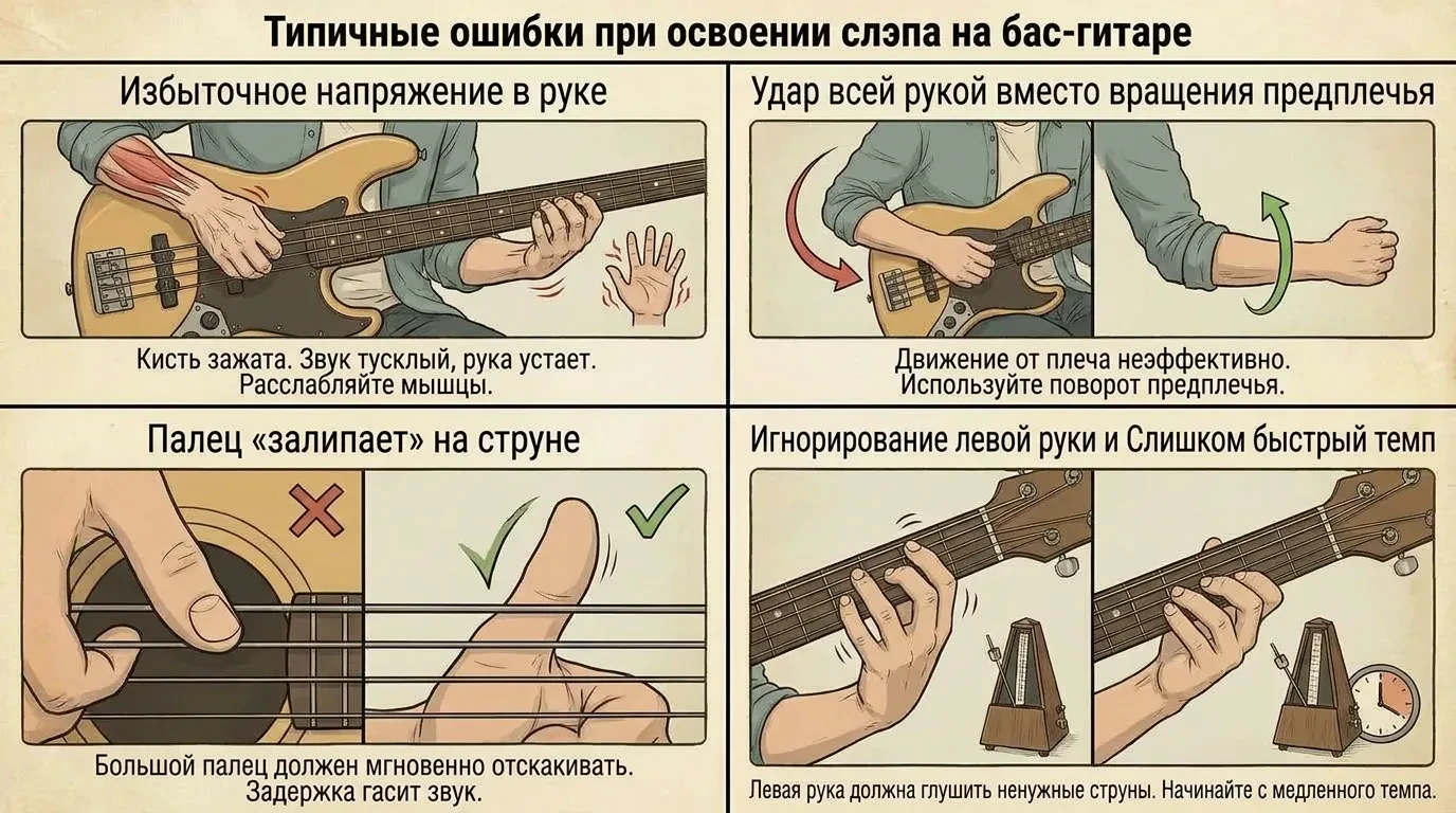 Типичные ошибки при игре слэпом на бас-гитаре Типичные ошибки при игре слэпом на бас-гитаре
