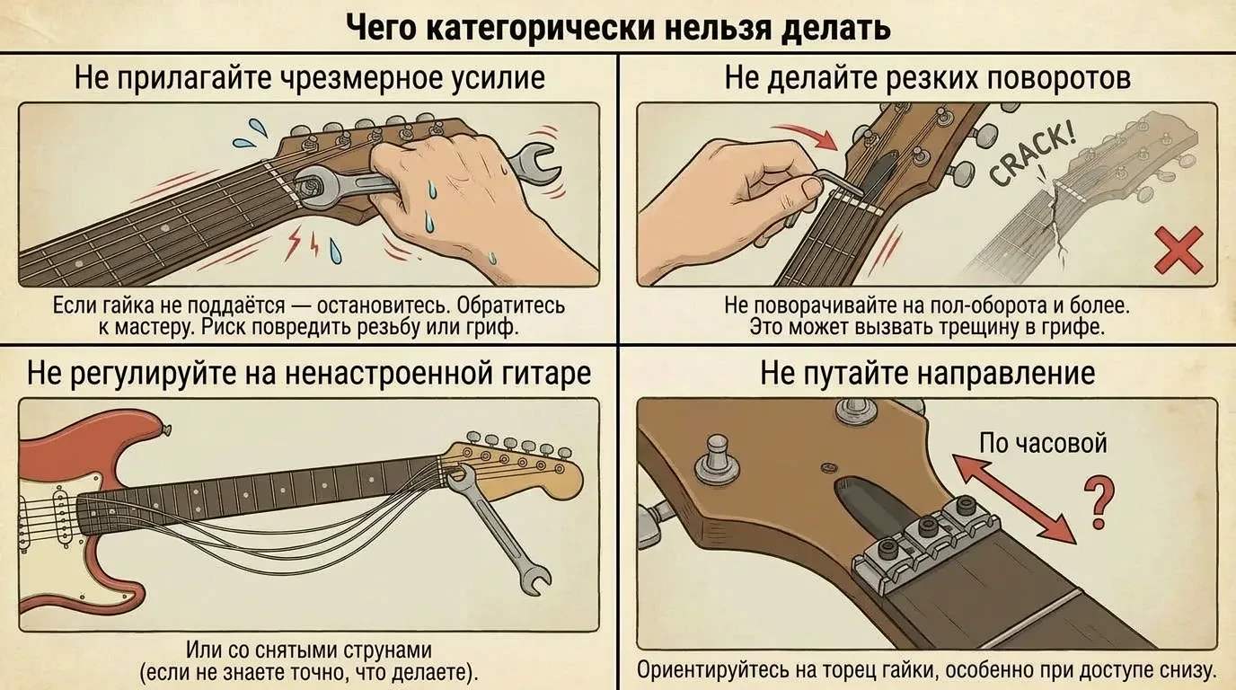 Чего категорически нельзя делать при регулировании анкера на электрогитаре