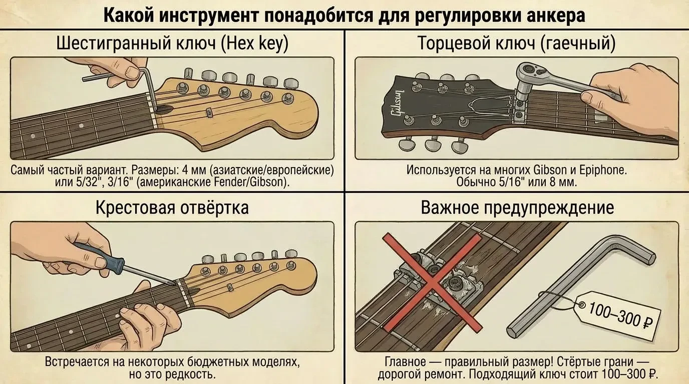 Какой инструмент понадобится для настройки анкера на электрогитаре
