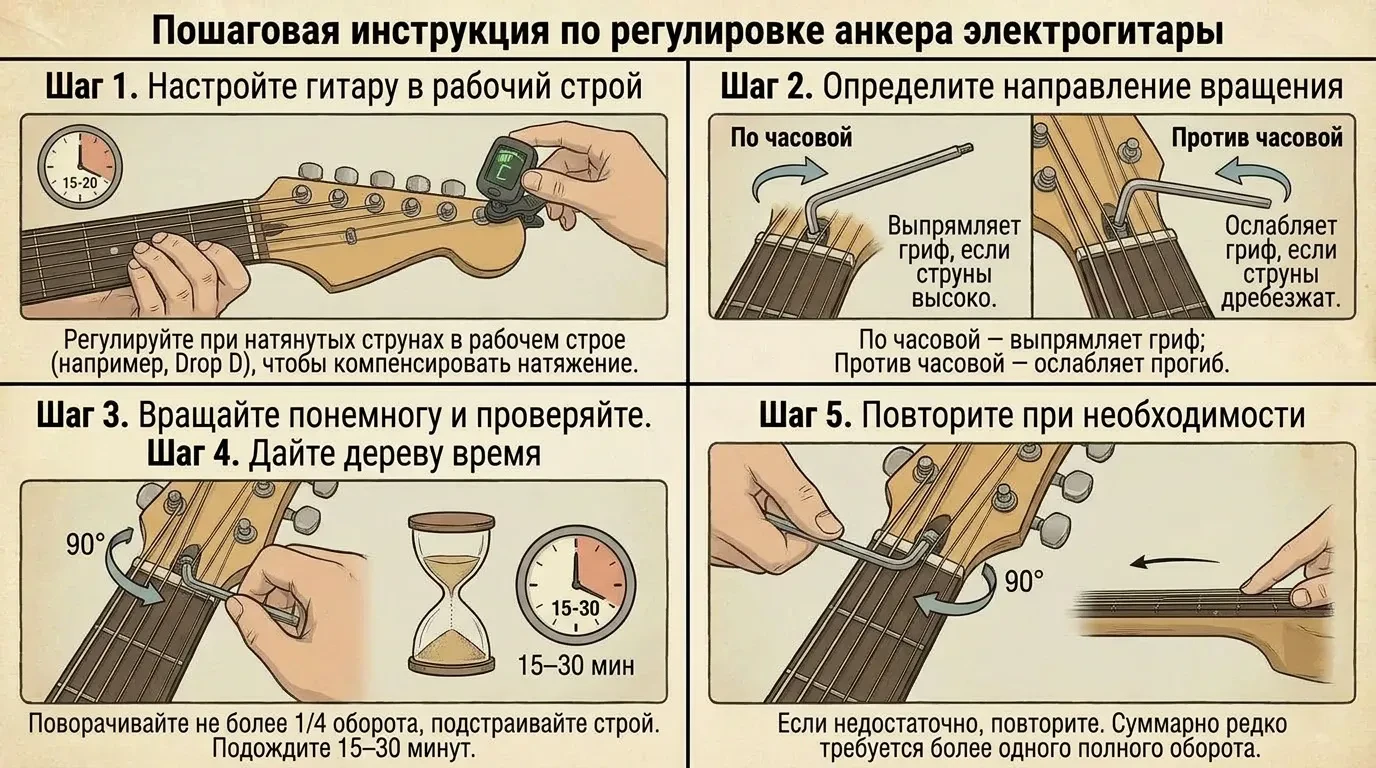 Пошаговая инструкция по регулировке анкера на электрогитаре