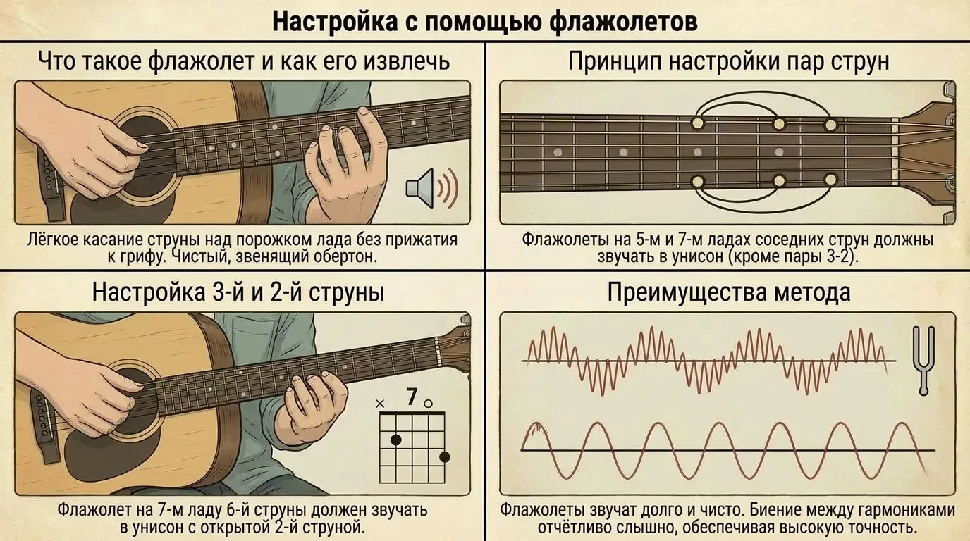 Настройка гитары с помощью флажолетов
