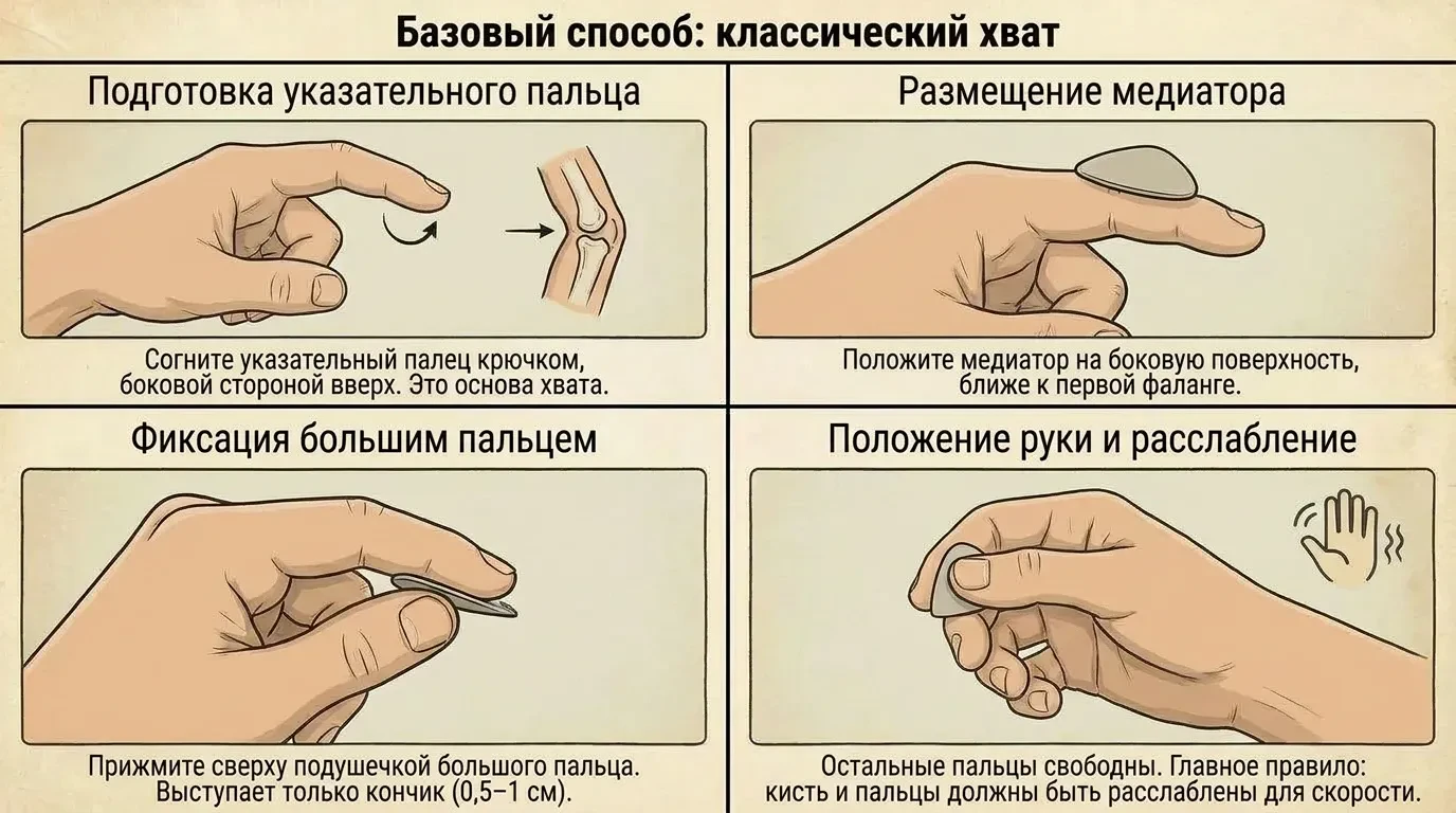 Базовый способ: классический хват медиатора Базовый способ: классический хват медиатора
