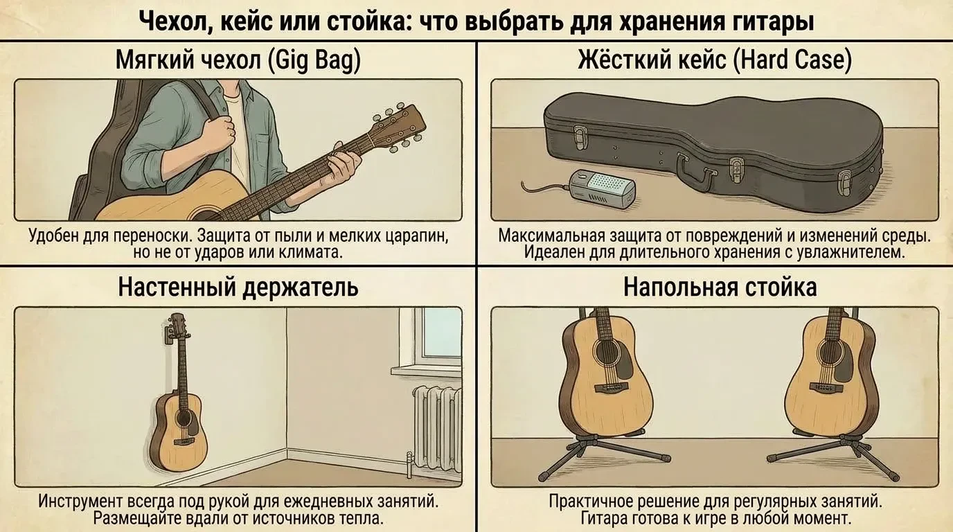 Чехол, кейс или стойка: что выбрать для хранения гитары дома