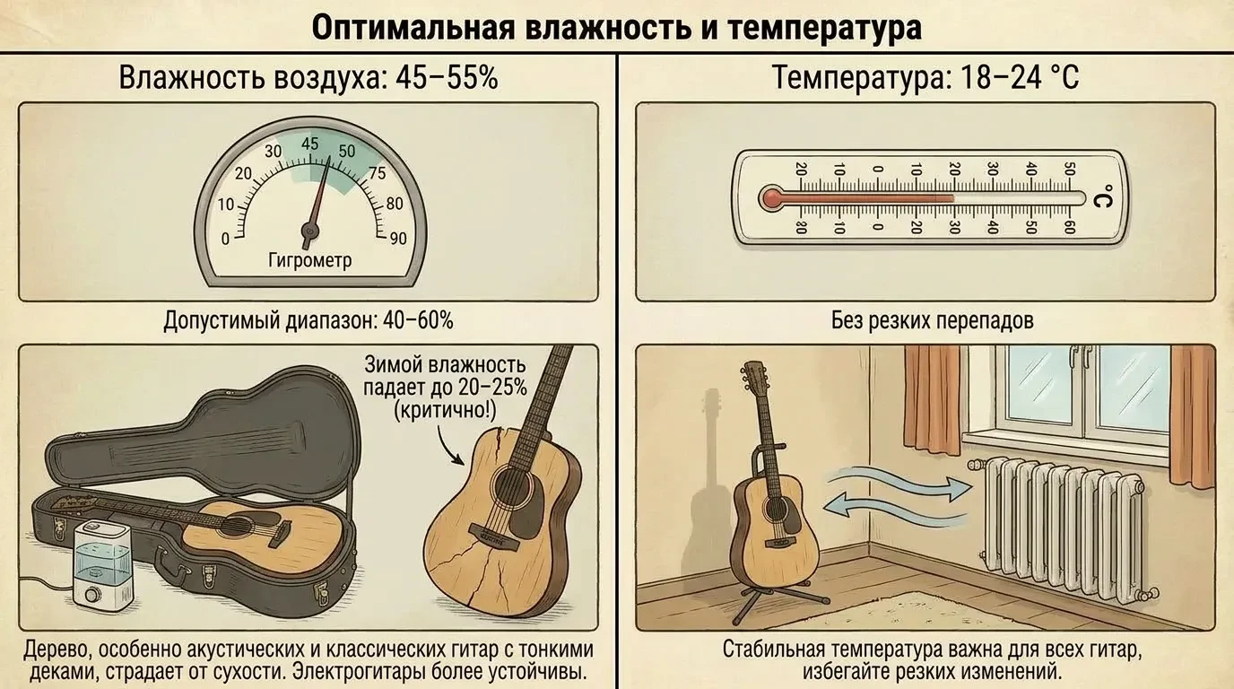 Оптимальная влажность и температура при хранении гитары