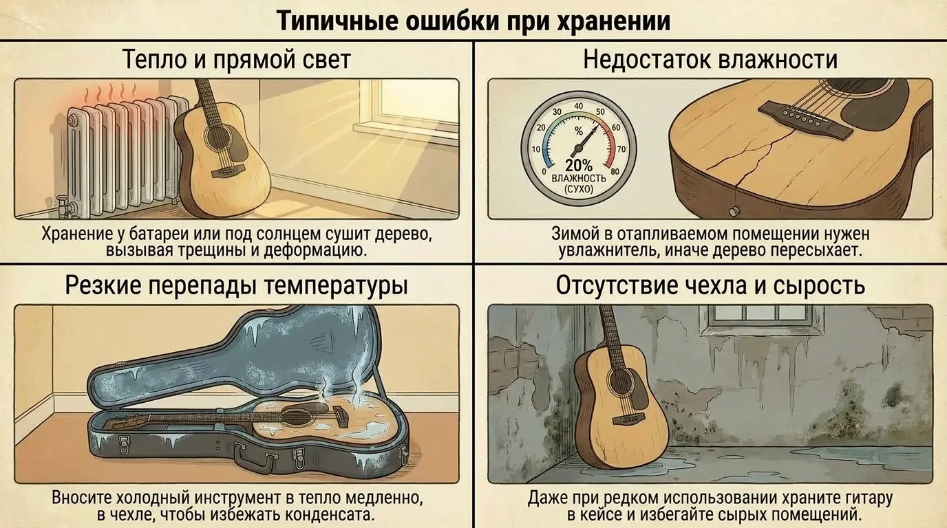 Типичные ошибки при хранении гитары дома