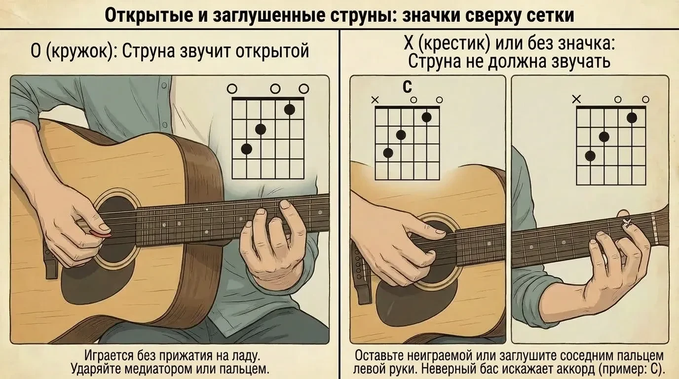 Открытые и заглушенные струны: значки сверху сетки