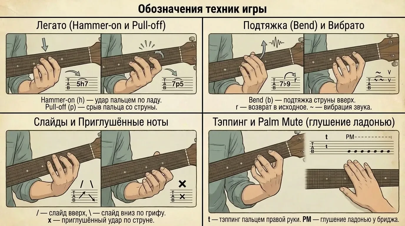 Обозначения техник игры на гитаре