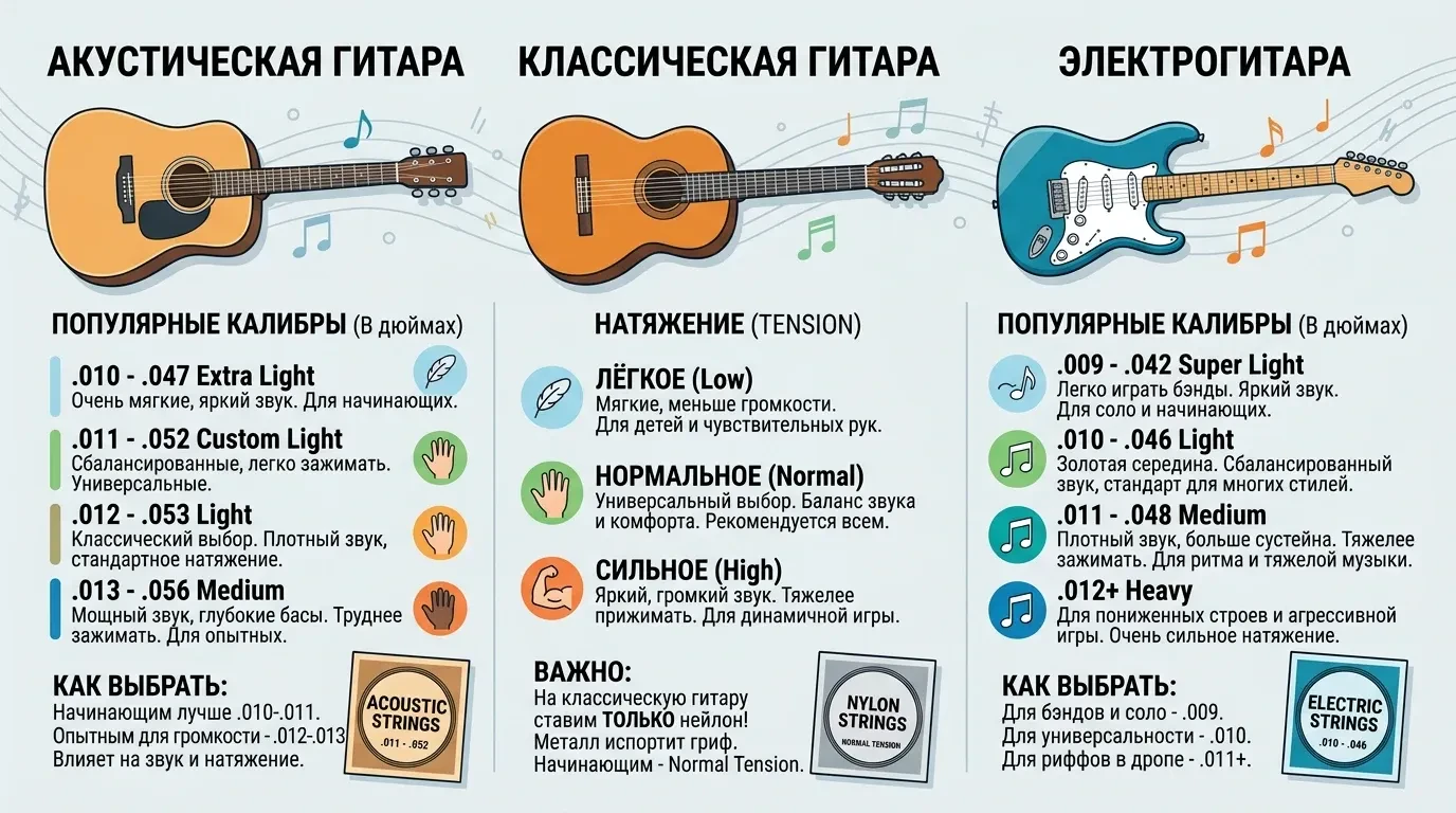 Какой калибр струн выбрать для акустической, классической и электрогитары Какой калибр струн выбрать для акустической, классической и электрогитары