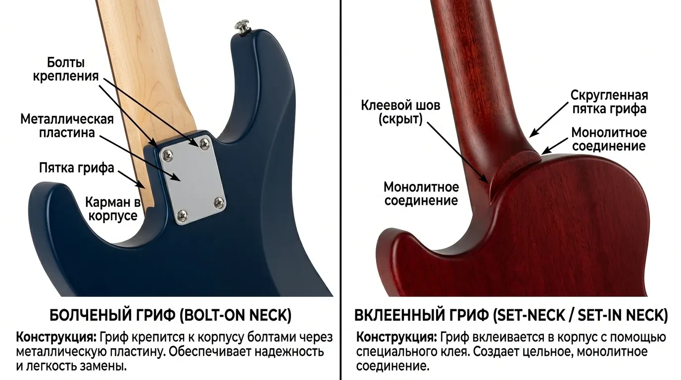 Отличие болченого грифа от вклеенного