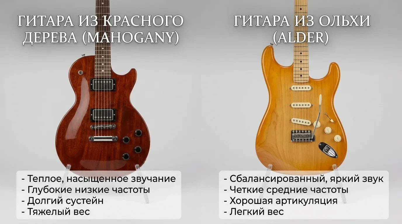 Отличие гитар из красного дерева и ольхи