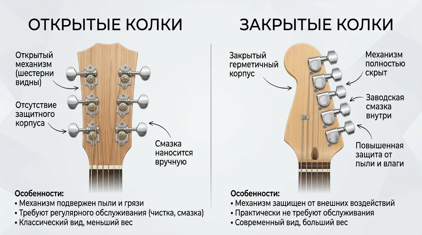 Отличие открытых гитарных колков от закрытых