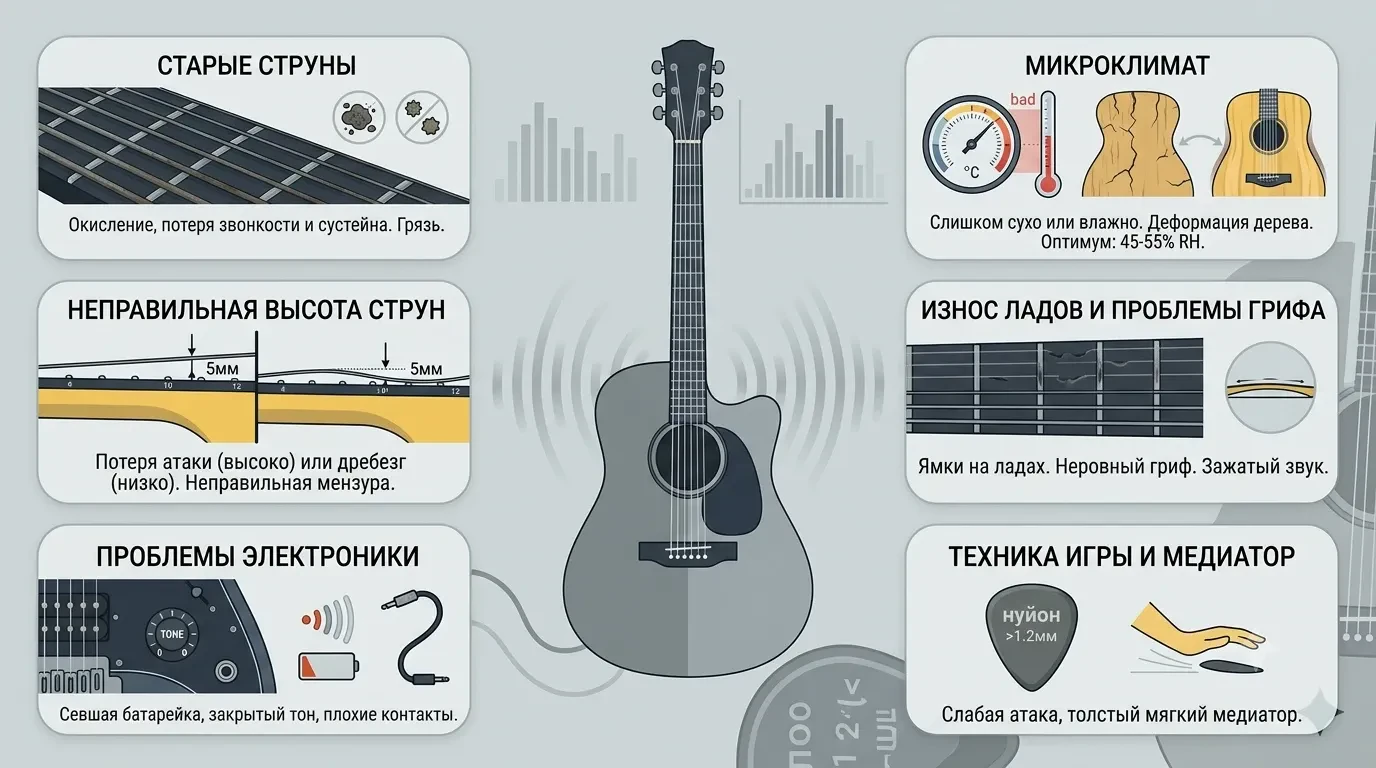 Почему гитара звучит глухо Почему гитара звучит глухо