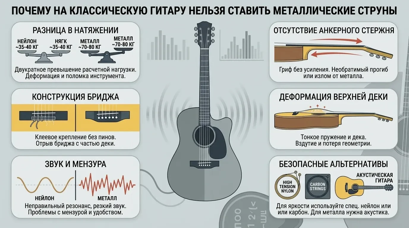 Почему на классическую гитару нельзя ставить металлические струны