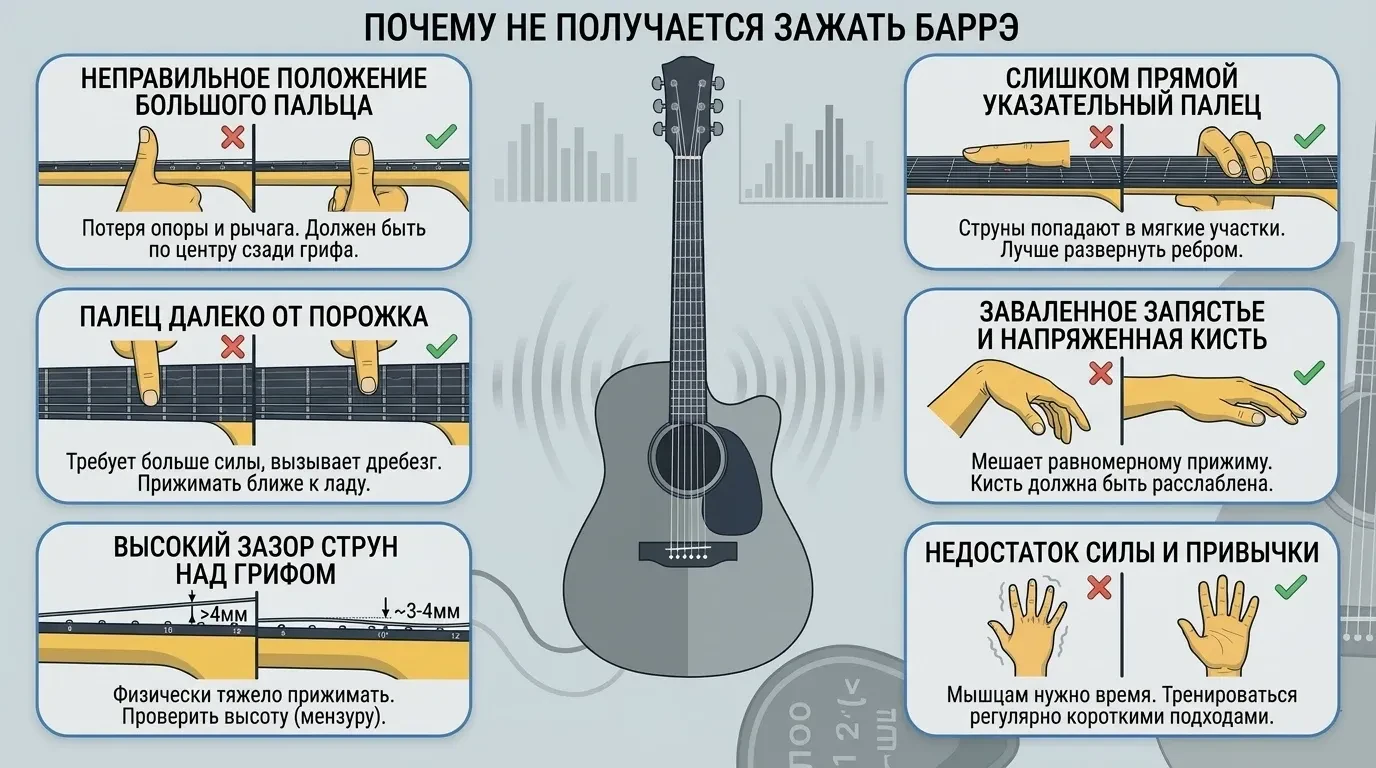 Почему не получается зажать баррэ на гитаре Почему не получается зажать баррэ на гитаре