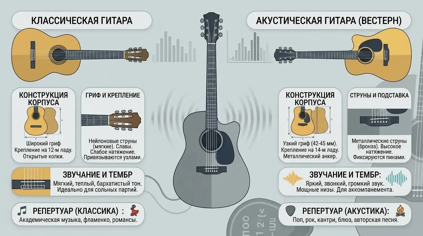 Чем отличается акустическая гитара от классической Чем отличается акустическая гитара от классической