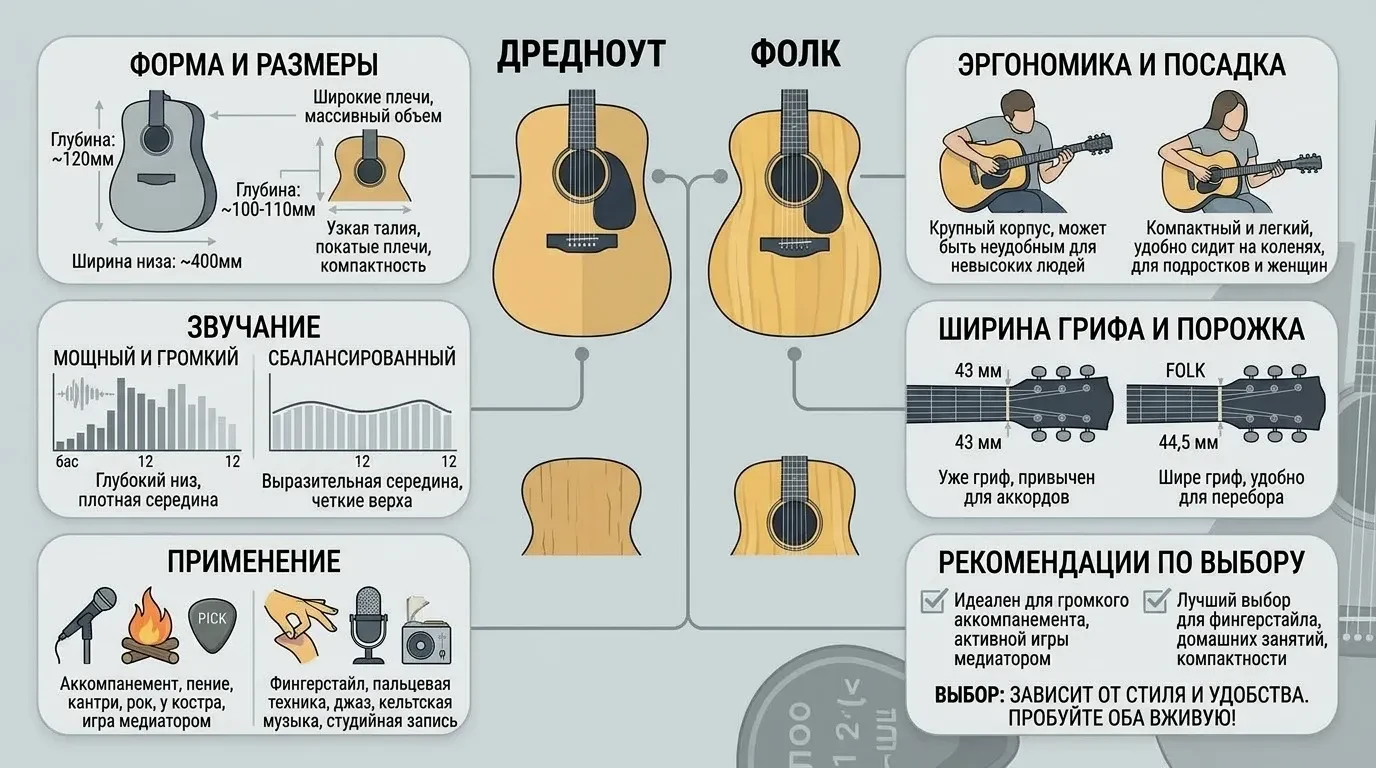 Чем отличается Дредноут от Фолк гитары Чем отличается Дредноут от Фолк гитары