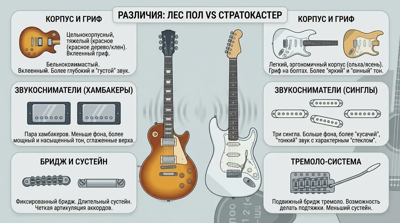 Чем отличается Лес Пол от Стратокастера Чем отличается Лес Пол от Стратокастера