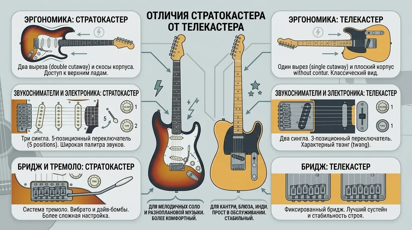 Чем отличается Стратокастер от Телекастера Чем отличается Стратокастер от Телекастера
