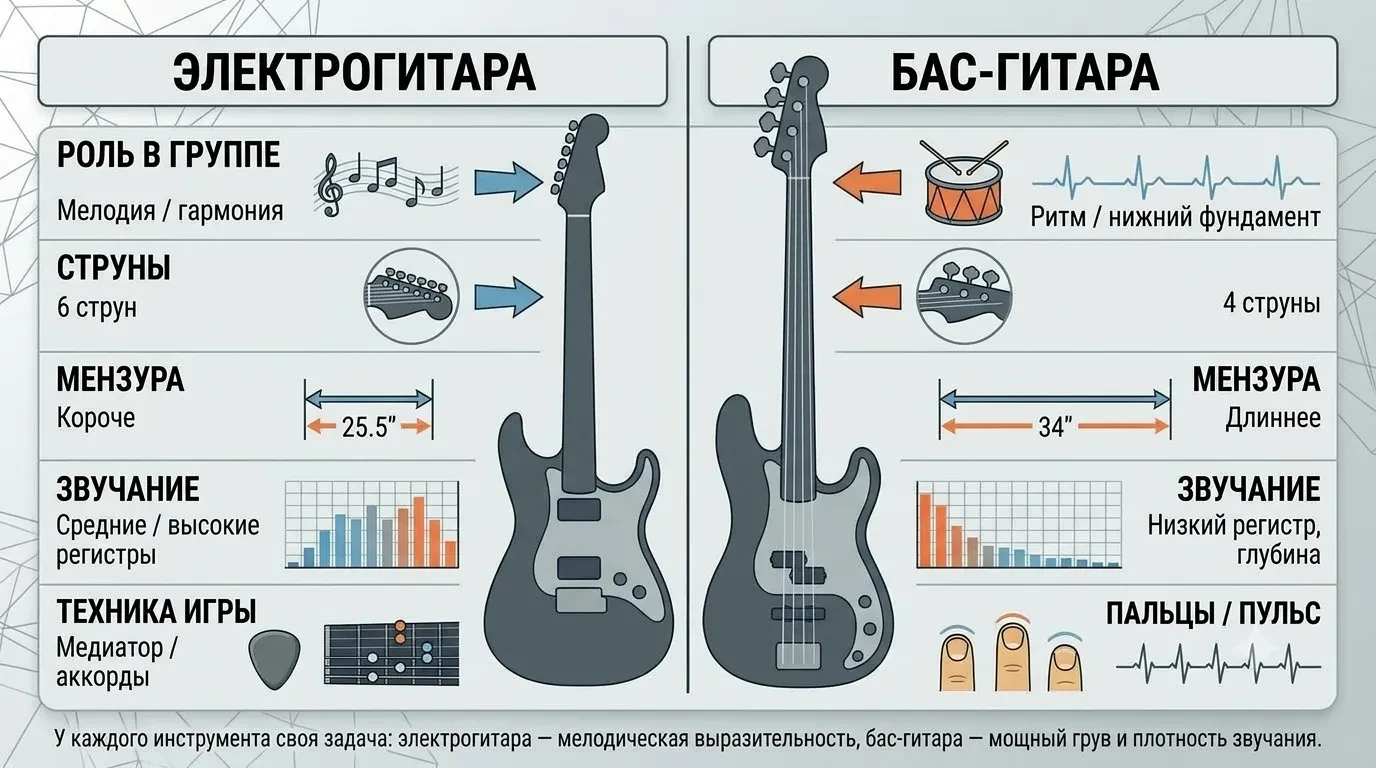 Чем отличается электрогитара от бас-гитары Чем отличается электрогитара от бас-гитары