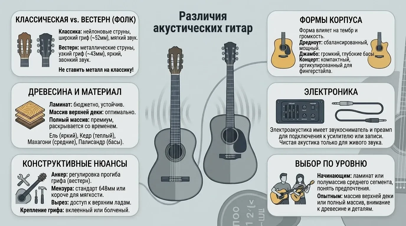 Чем отличаются акустические гитары Чем отличаются акустические гитары
