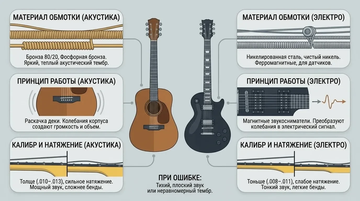 Чем отличаются струны для акустики и электрогитары Чем отличаются струны для акустики и электрогитары