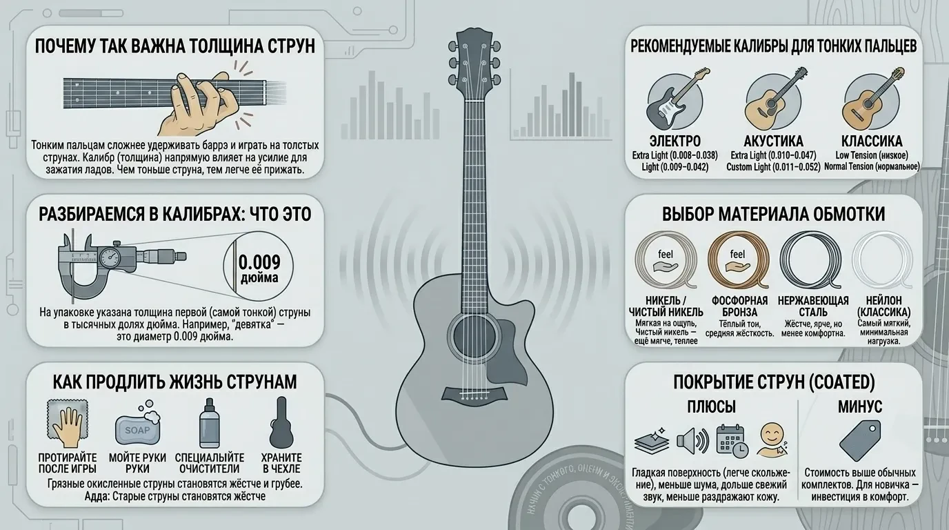 Как выбрать гитарные струны для тонких пальцев