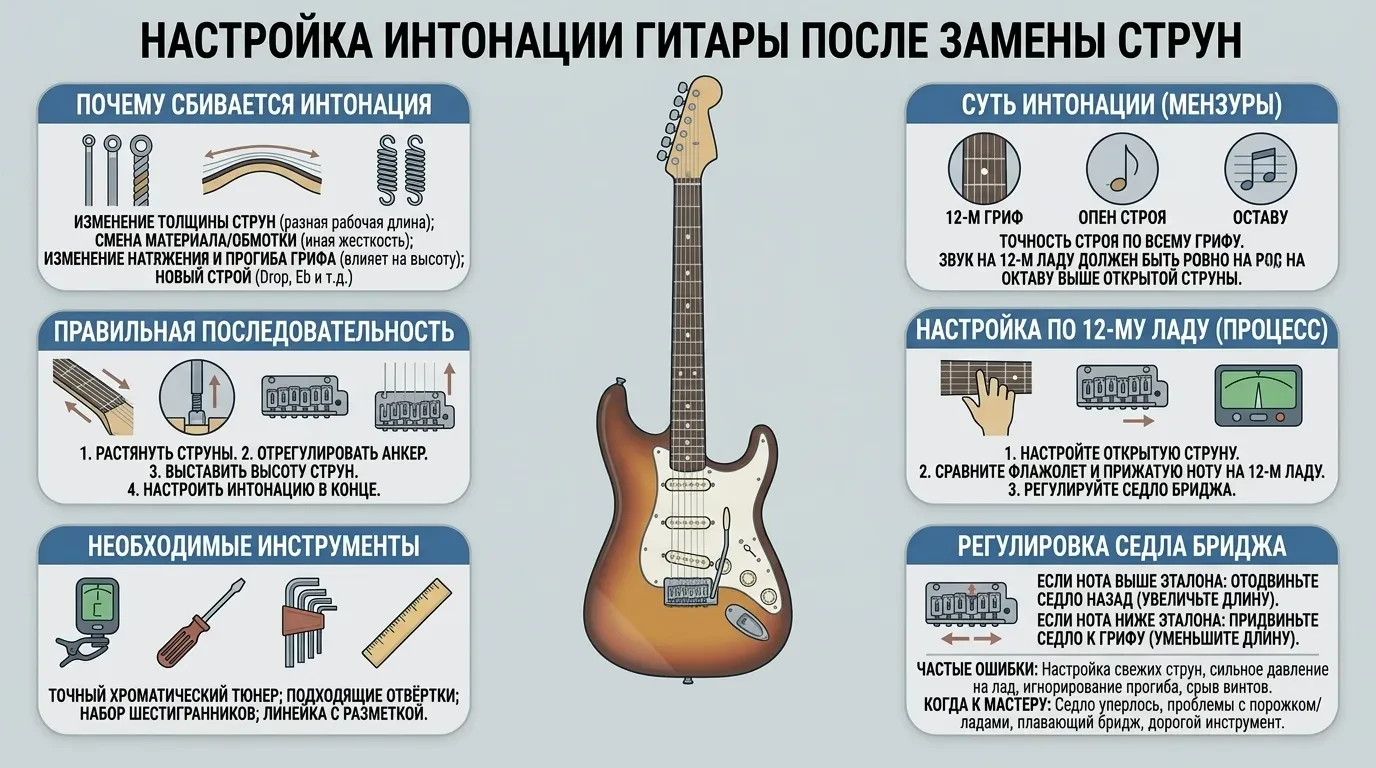 Как настроить интонацию после замены струн на гитаре Как настроить интонацию после замены струн на гитаре