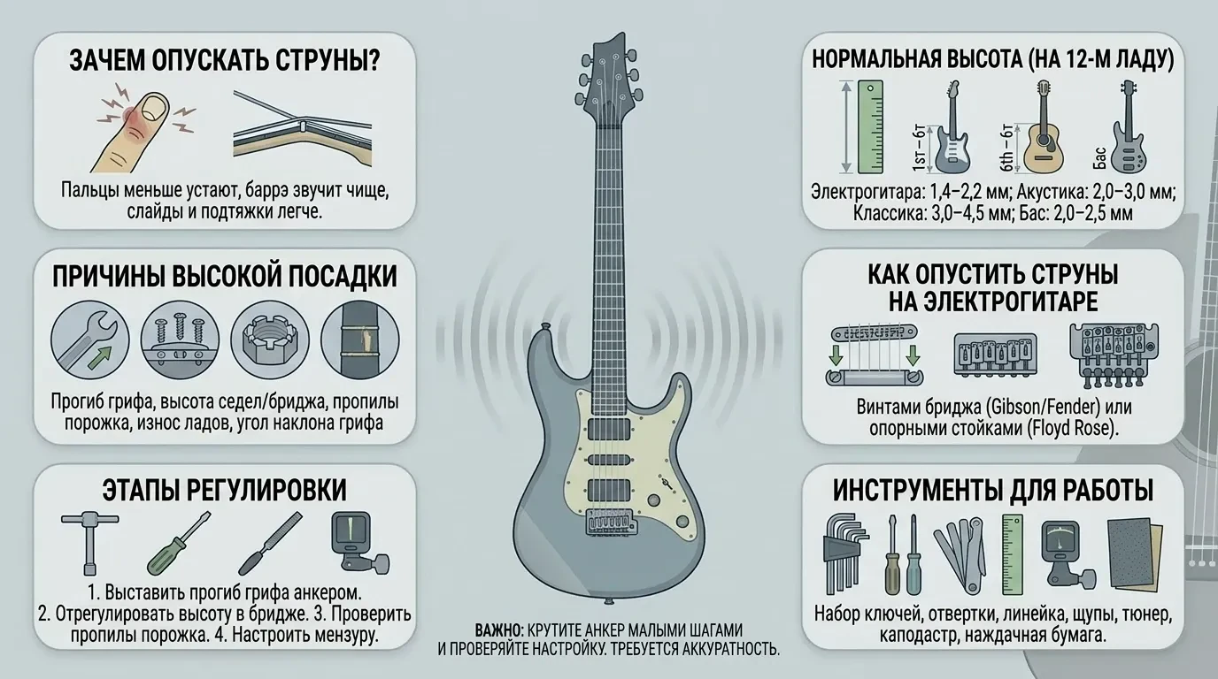 Как опустить струны к грифу гитары Как опустить струны к грифу гитары