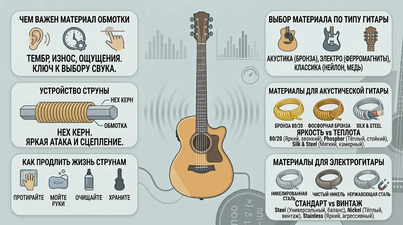 Отличие гитарных струн по материалу обмотки