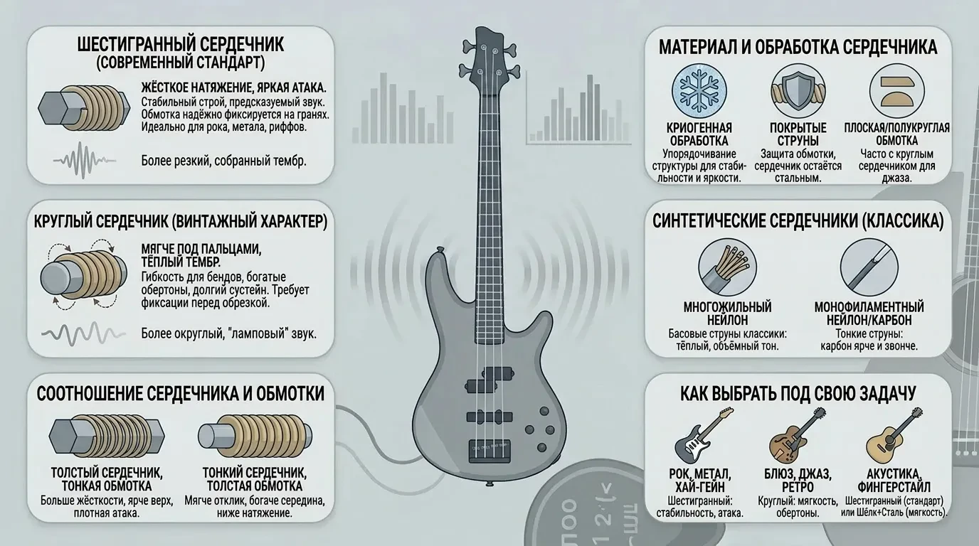 Отличие гитарных струн по типу сердечника