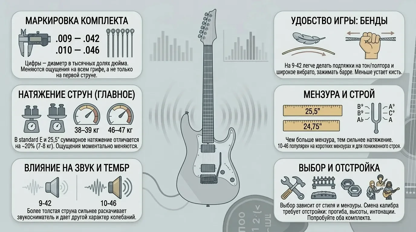 Чем отличаются калибры струн 9-42 и 10-46 Чем отличаются калибры струн 9-42 и 10-46