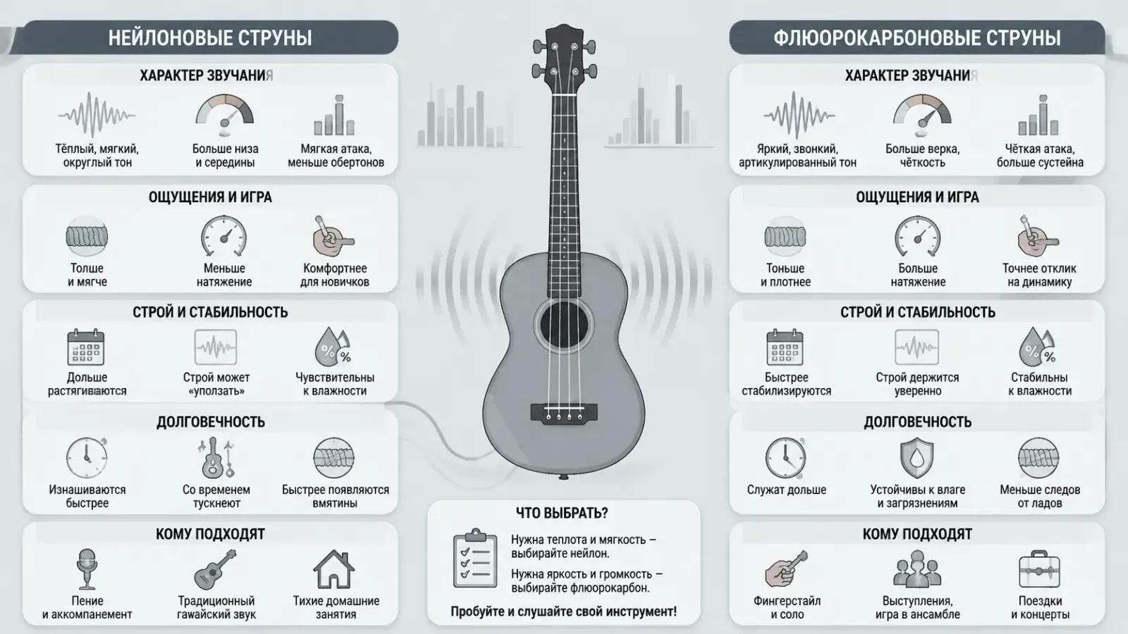 Чем отличаются струны для укулеле из нейлона и флюорокарбона Чем отличаются струны для укулеле из нейлона и флюорокарбона