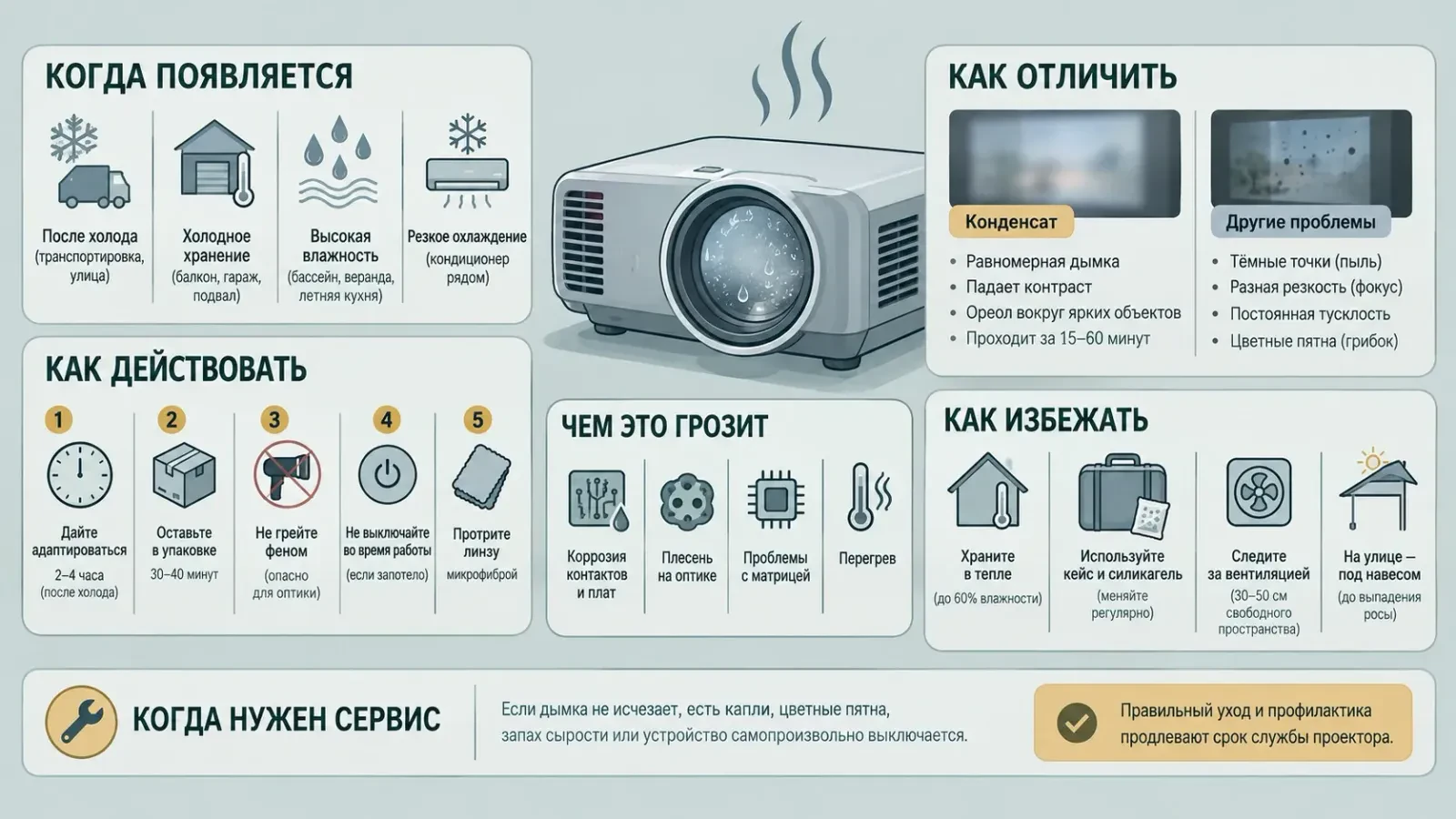 Когда появляется конденсат на линзе проектора и что делать