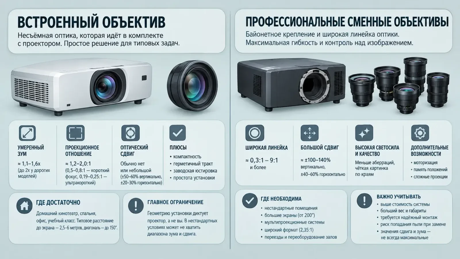 Отличие профессиональных сменных объективов для проектора от встроенных