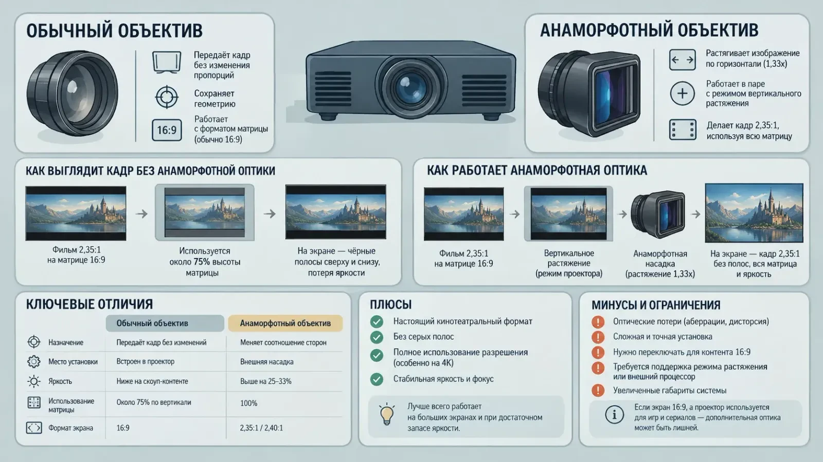 Отличие анаморфотного объектива для проектора от обычного