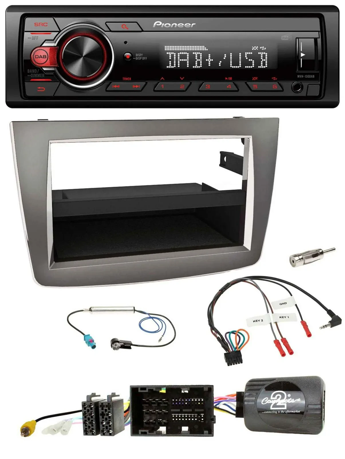 Автомагнитола для Alfa Romeo MiTo 2014–2018 Pioneer 1DIN DAB USB серебристая совместимая с кнопками на руле