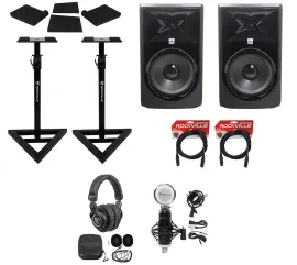 (2) JBL 308P MkII 8" Powered Studio Monitors+Stands+Pads+Cables+Headphones+Mic