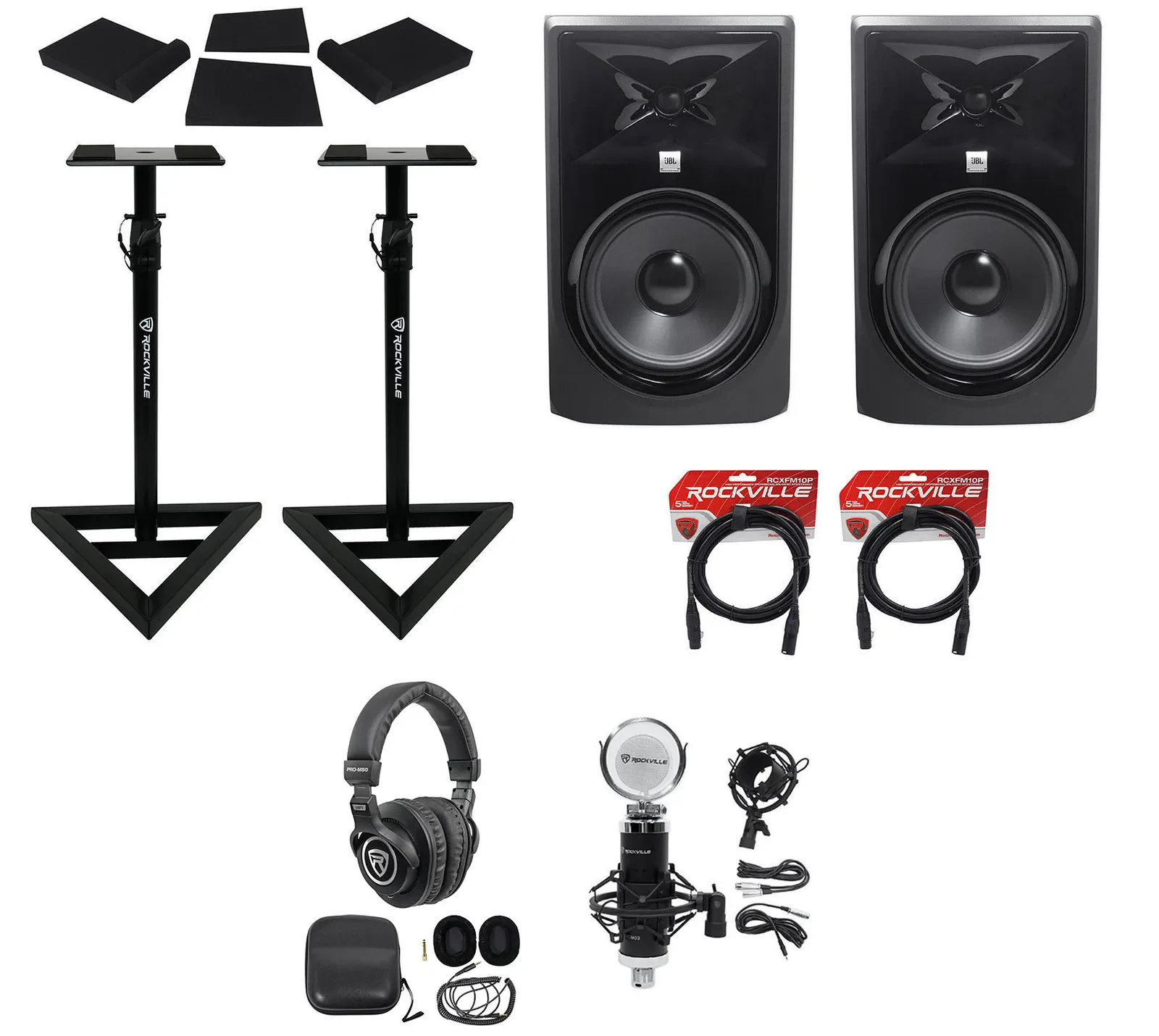 (2) JBL 308P MkII 8" Powered Studio Monitors+Stands+Pads+Cables+Headphones+Mic
