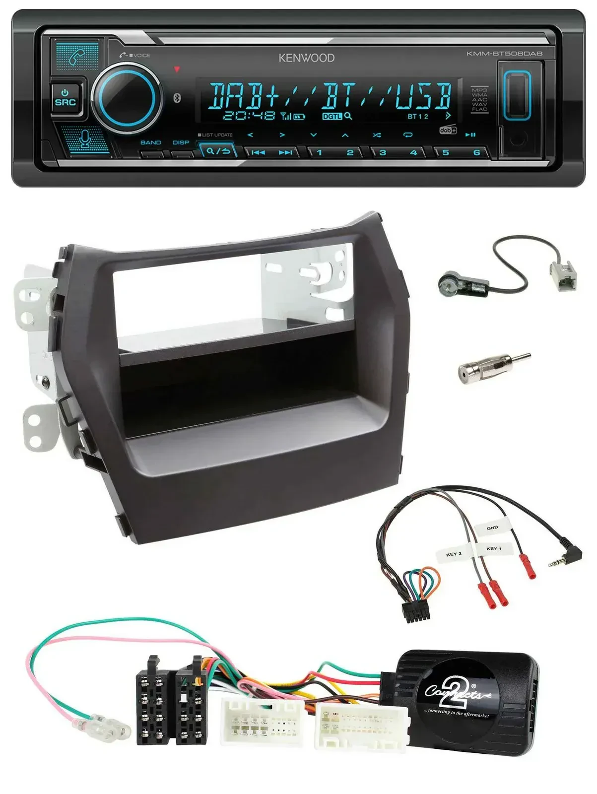 Автомагнитола для Hyundai Santa Fe (с 2012) Kenwood Bluetooth, DAB, USB, поддержка управления на руле, черная